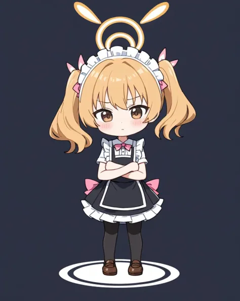 yoshimi \(blue archive\),1girl, solo, maid_headdress, white_apron, twintails, closed_mouth, frilled_apron, halo, black_dress, ahoge, full_body, brown_footwear, black_pantyhose, loafers, crossed_arms, looking_at_viewer, enmaided, chibi, v-shaped_eyebrows, pink_bow, standing, maid_apron, red_bow, juliet_sleeves, frilled_dress, hair_ribbon, black_footwear, nose_blush, brown_dress
<lora:yoshimi_(blue_archive)_image659_2023-11-28:1>halo. gorgeous,key visual, vibrant, studio anime,award-winning, professional, highly detailed,high budget, cinemascope