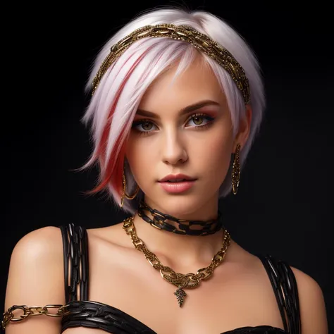 Best_QualityPos, RAW photo, intricate details, best quality, 8k uhd, soft lighting, 1girl, solo, varukyure, multicolored hair, white hair, red hair, short hair, red eyes, jewelry, earrings, chain, collar, headband, abs, blush, sweat, chain necklace, chained, cuffs, shackles <lora:varukyure:0.5>