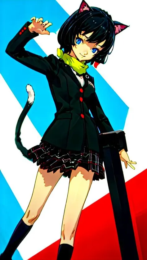 masterpiece, best quality, highres, (cal anime), (anime shading), (anime coloring), (outline), portrait of morgana, (5 fingers:1.5), 1girl, solo, (cowboy shot), blue sky, park, (model pose), (smile), (morgana), cat ears, (cat tail:1.2), skirt, socks, kneehighs, pleated skirt, school uniform, jacket , pleated skirt, blazer, yellow_scarf (shuujin academy uniform), <lora:girl_morgana_v1:0.8>, <lora:personaCatherineSoejima_1:0.5> soejima shigenori, (persona 5:0.5)