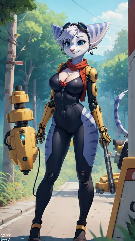 (by qupostuv35:1.2),female,(Detailed face),(solo:1.1),earrings,bangs,mechanical arms,smile,furry,forest,standing,bodysuit,breasts,cleavage,<lora:rivet-v0C:1>,rivet,outdoors,