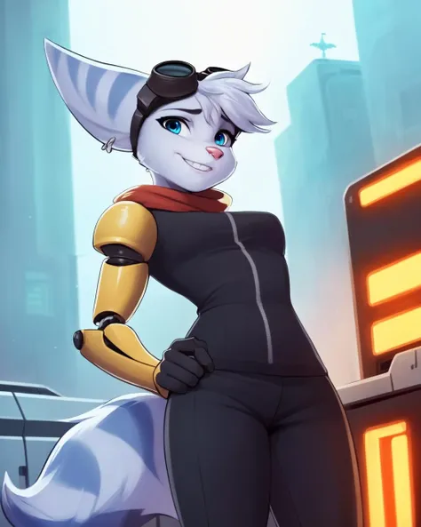 rivet, blue lombax girl, blue eyes, goggles, glowing chest, solo, standing, portrait, blue striped arm, yellow cybernetic robot arm, black glove, (best quality, masterpiece:1), action pose, detailed fur, (body fur, furry body:1.4), shortstack, short female, furry female anthro, black jumpsuit, black pants, grey pants, looking at viewer, closed mouth, (spaceship cockpit background:1.2), smile, tail, <lora:rivet-v0C:1.0>