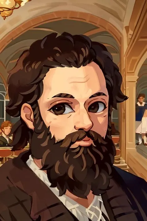 (masterpiece:1.3),(best quality:1.3),(solo:1.2),xiaomage,portrait,look at the audience,(delicate face:1.1),(nice features:1.2),<lora:MPersonal portrait:0.9>,1boy,indoor,full beard,