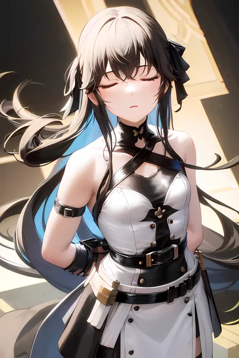 masterpiece,best quality,1girl, bangs, ((black hair)),belt, black_dress, black_hair, blue_background, small breasts, closed_eyes, dress, gloves, hair_ribbon,  long_hair, ribbon, solo, very_long_hair, weapon<lora:Selina-000018:0.6>,arms behind back,