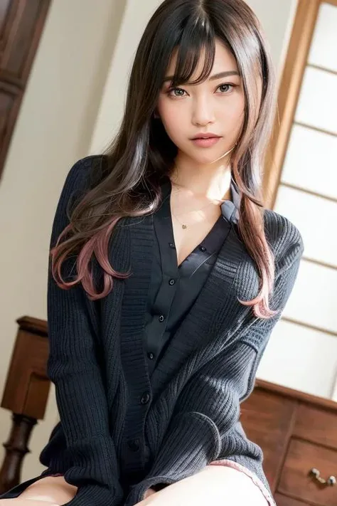 (RAW photo, best quality), (realistic, photo-realistic:1.3), masterpiece, an extremely delicate and beautiful, extremely detailed, CG, unity , 2k wallpaper, Amazing, finely detail, light smile, extremely detailed CG unity 8k wallpaper, huge filesize, ultra-detailed, highres, absurdres, soft light, (((medium hair:1.3), short bang, pink hair, floating hair novafrogstyle)), beautiful detailed girl, detailed fingers, extremely detailed eyes and face, beautiful detailed nose, beautiful detailed eyes, long eyelashes, light on face, looking at viewer, (closed mouth:1.2), 1girl, cute, young, mature face, (full body:1.3), ((small breasts)), realistic face, realistic body, beautiful detailed thigh, sorasora, business suit, cross-laced clothes, collared shirt, open clothes, in office, detailed office, open cardigan, black thighhighs, miniskirt, black underwear, unbuttoned shirt,
<lora:soraAmamiyaLora_soraV15:0.7>