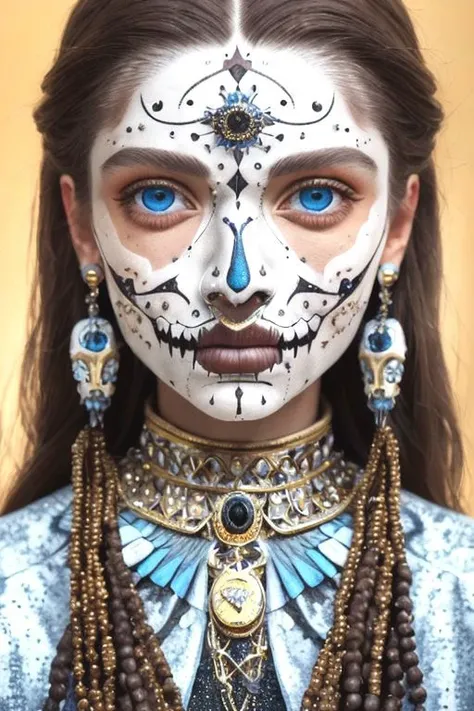 hypermaximalistic:1.5, dark brown eyes, melting, beads, ultra high quality model, white_gloves, face the front, shine, by pablo picasso, dreamy atmosphere, <lora:add_detail_v5:1>, real face, skin tight, realistic_detailed_skin_texture, skull