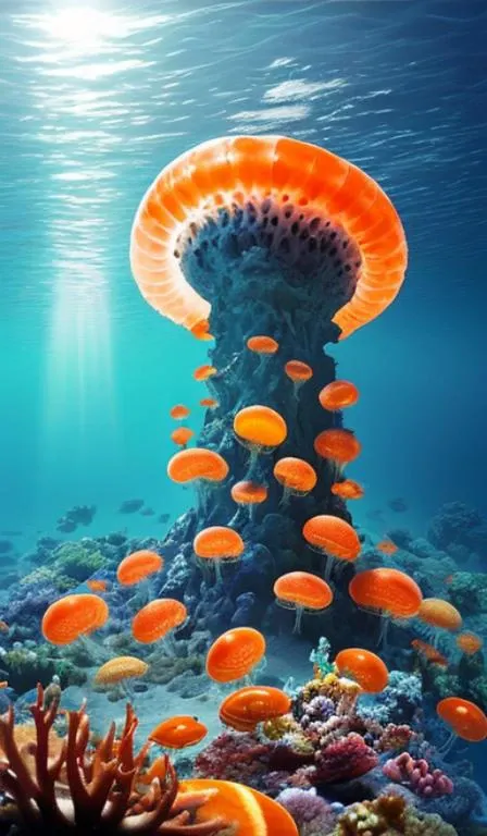 a giant city under the sea,architecture,blue spot,many pure jellyfish,orange light,