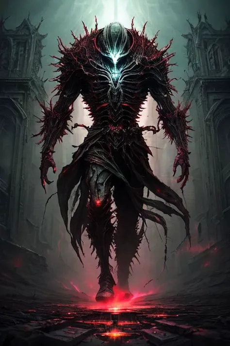 detailed character design, beksinski style painting, full torso, ultra sharp, post processing, explanding, realistic photography, broken creature, neon red, uturistic, gothic art, post-apocalypse, giger, by artist ross tran, candyland, pink rain, ethereal figure, l from death note, rainbow strings, glowing teeths, sleeves past finger, transparent background, spine halo, eye blood, running pose, dark gothic background, ultra relistic, rainbow eyes, pale gothic evil king, yellow plantes