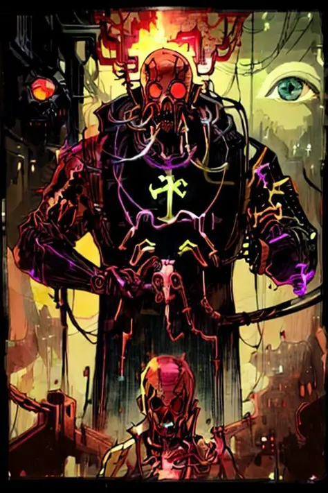 symmetric, hnsrdlf style, deep contrast, glowing mouth, neon spider web, ultra relistic, light yagami, venom suit, incombing death, zdzislaw beksinski, flame eye, oozing thick red blood, ultra sharp, disturbing, centered body, post processing, dry brush, cross-hatching, lovecraftian style, yellow rust, neon green eyes, heavy snowfall, inverted cross, male body, ultra detailed anime, death note style, fire halo, biomachine, wet dress, rainbow strings