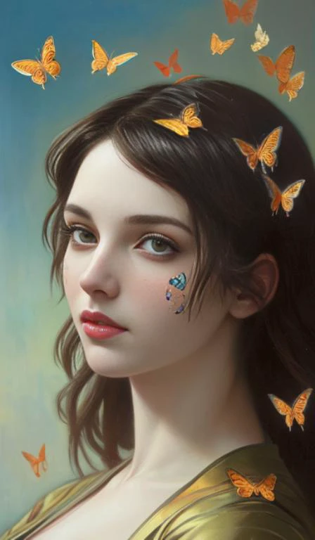 a woman with many difference butterflies on her face. beautiful highly detailed face. painting by artgerm and greg rutkowski and alphonse mucha.