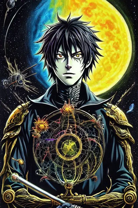 detailed reflections, explanding, oozing thick neon rainbow blood, eye blood, shattered glass effect, rainbow skin, oozing thick yellow blood, suggestive position, l from death note, biomachines, hnsrdlf style, symmetric, ryuk deathnote, biomechinical, unknown fear, yellow plantes, ultra relistic, dread, springtrap suite, a screenprint, high res anime, light yagami from deathy note, realistic painting, waning moon, organic armor, upper body selfie, elegant hat, a portrait of a female cyborg, solar system, dreamlikeart