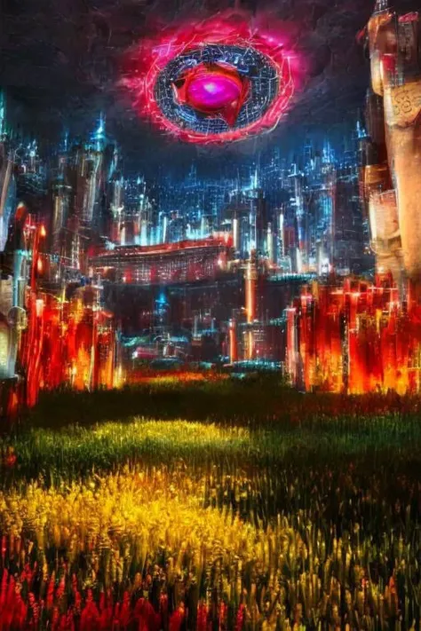 glowing neon lines, realistic blood, carnation, brunette hair, standing at attention, extreme realism, abstract fantasy castle, black hole in the background, blood on body, grim expression, fusion of traditional and digital techniques, springtrap, fire halo, enormous beings, ultra relistic, nuclear explosion, yellow plantes