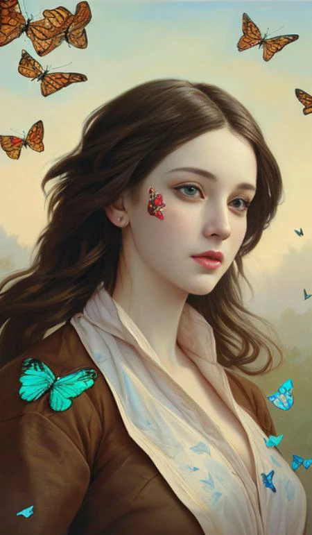 a woman with many difference butterflies on her face. beautiful highly detailed face. painting by artgerm and greg rutkowski and alphonse mucha.