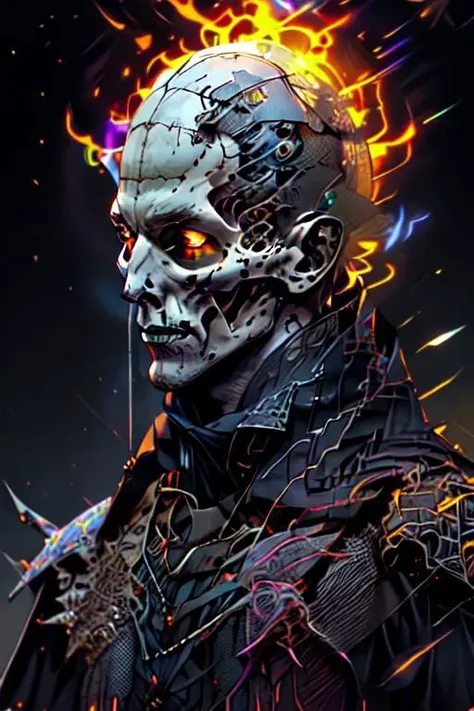 skin details, wide_landscape, moonlight, secondary colors, antichrist cross, quadruple oblong, pale gothic evil queen, soft particles of fractal fire, latex clothing, yellow plantes, pale gothic evil king, fire halo, dome, electronic aura, light yagami from deathy note, glowing face, realistic painting