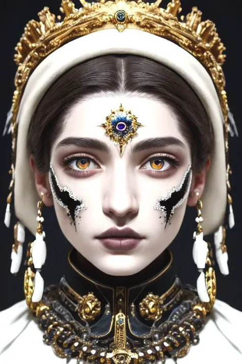 hypermaximalistic:1.5, dark brown eyes, melting, beads, ultra high quality model, white_gloves, face the front, shine, by pablo picasso, dreamy atmosphere, <lora:add_detail_v5:1>, real face, skin tight, realistic_detailed_skin_texture, skull