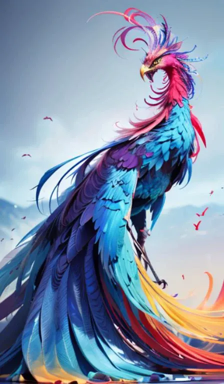 Abstract, 8K, photo shot from front, mid-body portrait, highly-detailed, (flat color:1.1),(colorful:1.3),(masterpiece:1.2), best quality, masterpiece, original, extremely detailed wallpaper, looking at viewer, erjie,1girl,solo,<lora:Threesister-erjiev2:0.6>, happy to riding a phoenix on the clody sky, <lora:riding_a:0.1>,<lora:phoenix_v1.0:0.3>, a lot of details,mysterious expression, in a modern and abstract setting, with bold and colorful abstract art, blurred background, bright lighting,