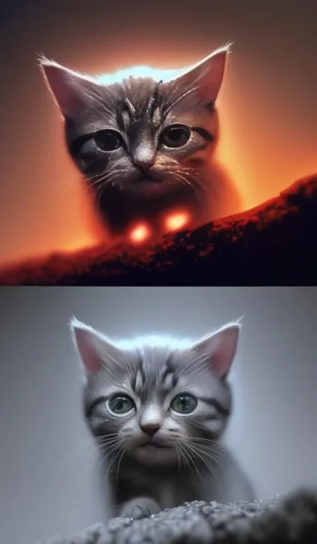 painting of a very very very cute cat, close up of a kitten, by zdzislaw beksinski, by dariusz zawadzki, by wayne barlowe, gothic, surrealism, cosmic horror, lovecraftian, cold hue's, warm tone gradient background, concept art, beautiful composition