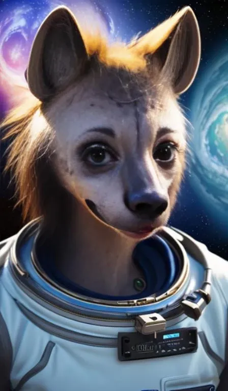 digital detailed portrait of anthromorphic female hyena, in style of zootopia, fursona, furry, furaffinity, 4 k, deviantart, wearing astronaut outfit, in style of disney zootopia, floating in space, space background, in deep space, dark background, hyena fursona, cyberpunk, female, detailed face, style of artgerm