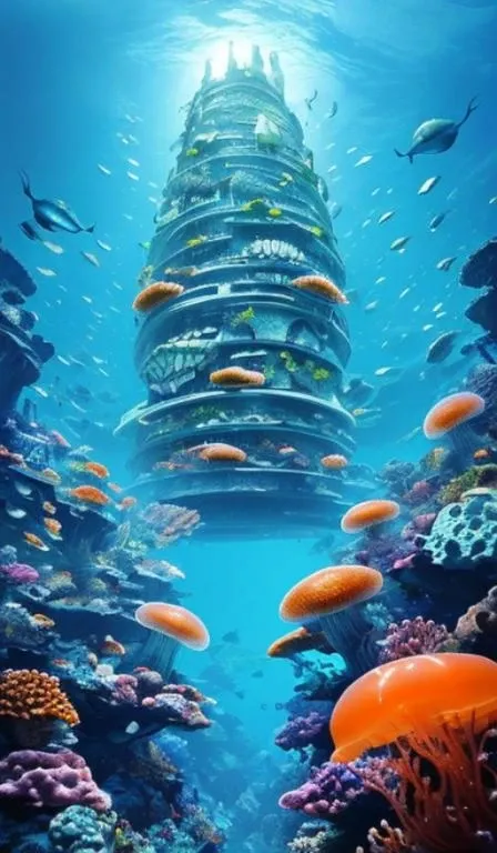 a giant city under the sea,architecture,blue spot,many pure jellyfish,orange light,