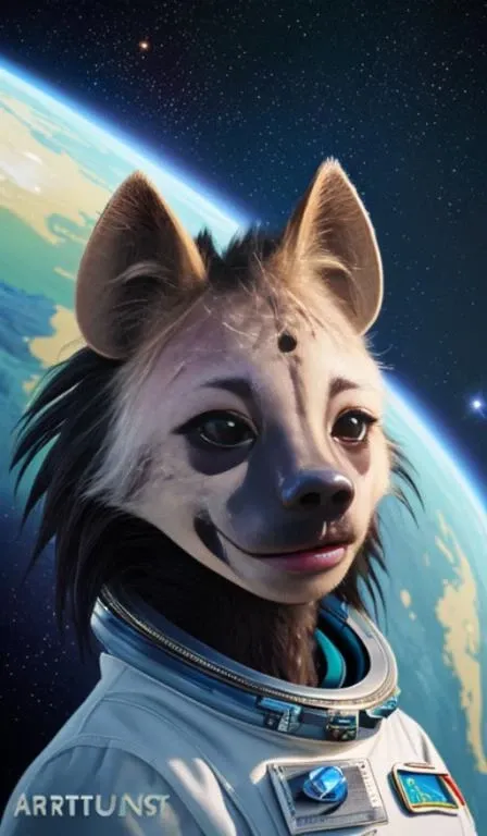digital detailed portrait of anthromorphic female hyena, in style of zootopia, fursona, furry, furaffinity, 4 k, deviantart, wearing astronaut outfit, in style of disney zootopia, floating in space, space background, in deep space, dark background, hyena fursona, cyberpunk, female, detailed face, style of artgerm