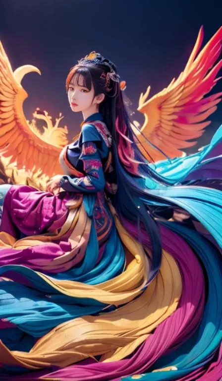 Abstract, 8K, photo shot from front, mid-body portrait, highly-detailed, (flat color:1.1),(colorful:1.3),(masterpiece:1.2), best quality, masterpiece, original, extremely detailed wallpaper, looking at viewer, erjie,1girl,solo,<lora:Threesister-erjiev2:0.6>, happy to riding a phoenix on the clody sky, <lora:riding_a:0.1>,<lora:phoenix_v1.0:0.3>, a lot of details,mysterious expression, in a modern and abstract setting, with bold and colorful abstract art, blurred background, bright lighting,