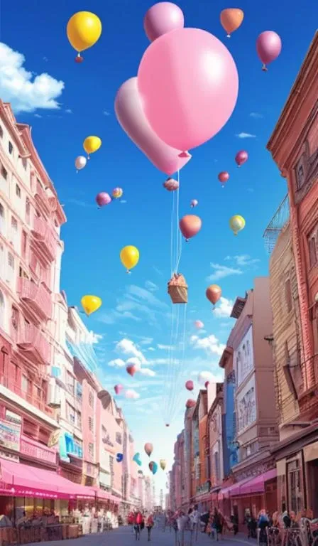 giant pink balloon,cities floating on balloons,magnificent clouds,pink theme,
