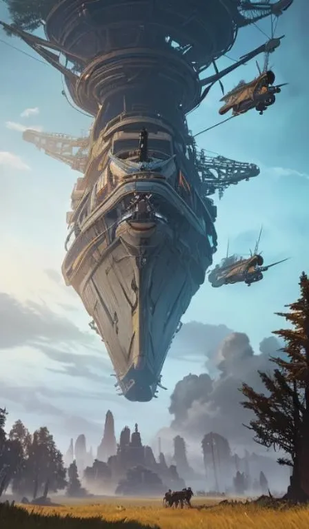 masterpiece, best quality, greg rutkowski, scenery, sky, cloud, day, outdoors, tree, weapon, aircraft, airship, blue sky, fantasy, grass, artwork from horizon zero dawn , very detailed, high resolution, sharp, sharp image, 4k, 8k,