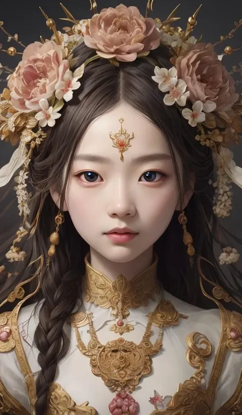 A Zhuang girl,Black hair,with a round face,largeeyes,She prayed sincerely to the god of the Ox King in the temple of the Ox King,Offer your own products,And sincerely pray to the god of the ox king