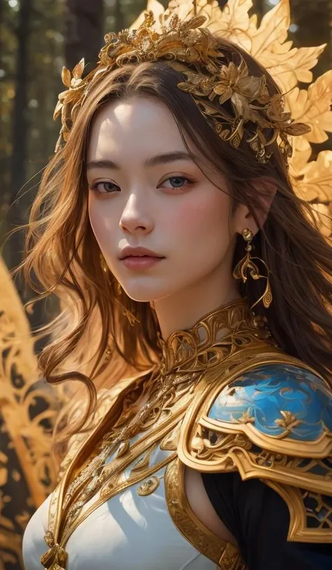 a masterpiece ultrarealistic ultradetailed portrait of a beautiful girl in incredible goledn armor. baroque renaissance. in forest. medium shot, intricate, elegant, highly detailed. trending on artstation, digital art, by stanley artgerm lau, wlop, rossdraws, james jean, andrei riabovitchev, marc simonetti, yoshitaka amano. background by james jean and gustav klimt, light by julie bell, 4 k, porcelain skin.