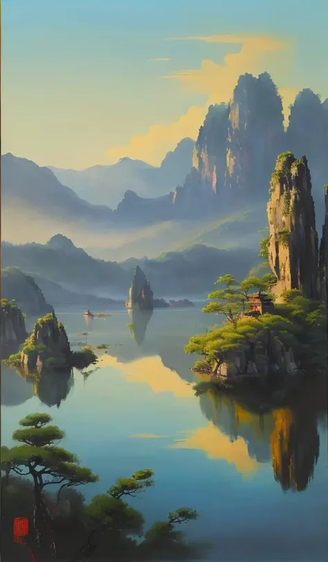 guofeng,chinese style,((summer, Huangshan National Park,painting antient arts style,traditional Chinese painting,painting lake and mountain landscape, mountain reflection on lake surface)),Painting,Volumetric sun Lighting,((high quality:1.2, masterpiece:1.2)),oil landscape,extreme wide perfect composition,(("Mysterious, Enigmatic and Intriguing landscape")),