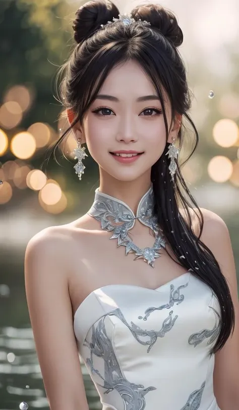 best quality,masterpiece,highres,cg, 1girl,(seductive smile:0.8),long hair,star-shaped pupils,cheongsam,dress,water,solo,jewelry,white dress,earrings,hair ornament,splashing,upper body,hair bun,black hair, lighting,candid,Photograph,high resolution,4k,8k,Bokeh,