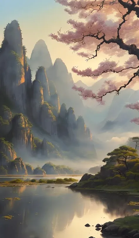 guofeng,chinese style,((summer, Huangshan National Park,painting antient arts style,traditional Chinese painting,painting lake and mountain landscape, mountain reflection on lake surface)),Painting,Volumetric sun Lighting,((high quality:1.2, masterpiece:1.2)),oil landscape,extreme wide perfect composition,(("Mysterious, Enigmatic and Intriguing landscape")),