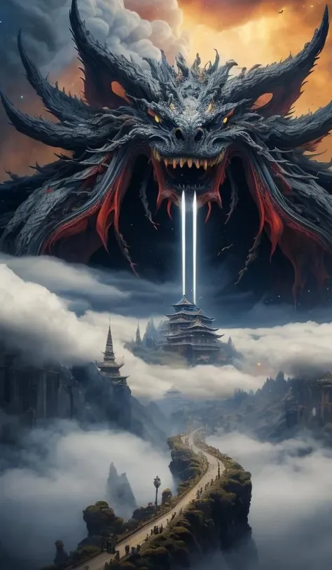 DUNGHUANG,DUNGHUANG BACKGROUND,on the sky,on the clouds,Fairyland, surrounded by clouds and smoke, oriental palace bridge, monster, abstract dream, space, intricate, grand scale, alone, cinematic film still, insane detail, sharp focus, depth of field, realistic lighting, (realistic perspective), complex, (multiple subjects), 4k HDR, <lora:add_detail:0.5> <lora:more_details:0.25> <lora:FantasyWorldV1:0.25>