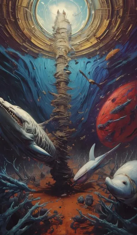 "realistic detailed image of an cosmonaut alone in the tundra next to whale skeleton in the style of Francis Bacon, Surreal, Norman Rockwell and James Jean, Greg Hildebrandt, and Mark Brooks, triadic color scheme, By Greg Rutkowski, in the style of Francis Bacon and Syd Mead and Edward Hopper and Norman Rockwell and Beksinski, open ceiling, highly detailed, painted by Francis Bacon, painted by James Gilleard, surrealism, airbrush, Ilya Kuvshinov, WLOP, Stanley Artgerm, very coherent, art by Takato Yamamoto and James Jean"
abstract dream, space, intricate, grand scale, alone, cinematic film still, insane detail, sharp focus, depth of field, realistic lighting, (realistic perspective), complex, (multiple subjects), 4k HDR,
<lora:add_detail:0.5> <lora:more_details:0.25> <lora:FantasyWorldV1:0.25>