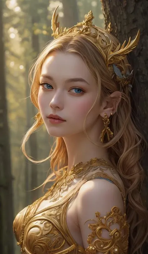 a masterpiece ultrarealistic ultradetailed portrait of a beautiful girl in incredible goledn armor. baroque renaissance. in forest. medium shot, intricate, elegant, highly detailed. trending on artstation, digital art, by stanley artgerm lau, wlop, rossdraws, james jean, andrei riabovitchev, marc simonetti, yoshitaka amano. background by james jean and gustav klimt, light by julie bell, 4 k, porcelain skin.