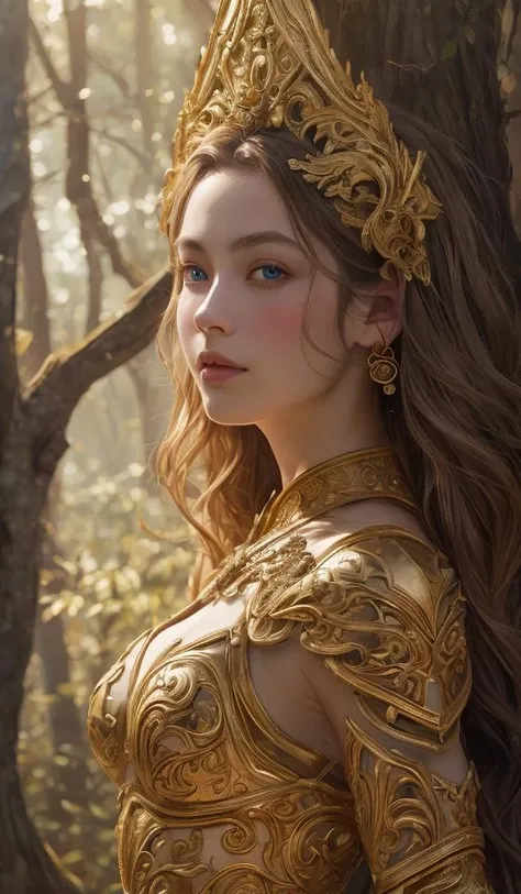 Feminine woman under an oak tree. Official Art – Character profile. An Award-Winning Digital Masterpiece In 4K Ultra HD, Extreme Detail And Intricate Realism. Symmetrical Face. This Concept Art Brought To Life By The Hands Of Artists Like Wlop & Artgerm In A Stunning 2D Vector Illustration.Background Is A Panoramic Vista.