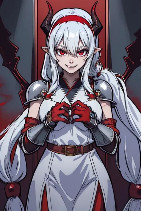 lineart, beautiful demonic woman, sexy, white long hair,big fangs, horns, <lora:anastasiavaleria-wa-richy-v1:1> ,anastasia, red hairband, hair tubes, sidelocks, low-tied long hair, very long hair, (armored dress:1.3), gloves, belt