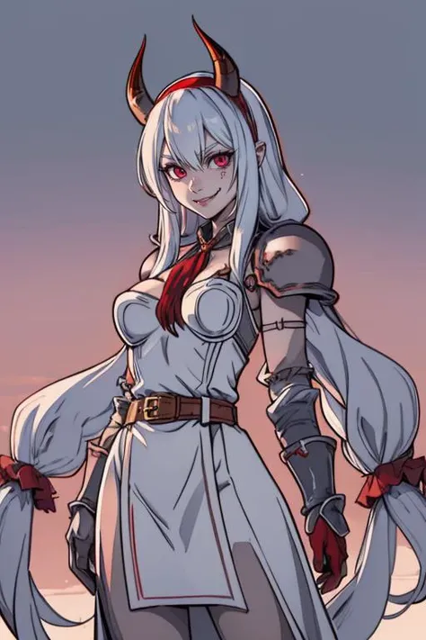 lineart, beautiful demonic woman, sexy, white long hair,big fangs, horns, <lora:anastasiavaleria-wa-richy-v1:1> ,anastasia, red hairband, hair tubes, sidelocks, low-tied long hair, very long hair, (armored dress:1.3), gloves, belt