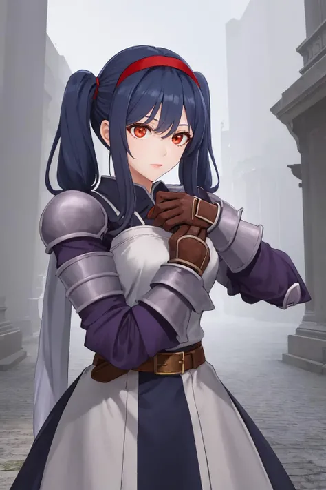 masterpiece, best quality, 1girl, solo, <lora:anastasiavaleria-wa-richy-v1:1> anastasia, red hairband, twintails, sidelocks, armored dress, gloves, belt