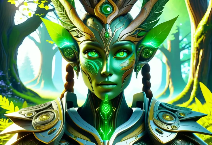 hyper detailed masterpiece, dynamic,awesome quality,DonMX3n0T3chXL, draugr, female nature spirit, bark like woody skin texture, leafy viney hair and attire, serene or ethereal expression, green earthy coloration, nature infused eyes, associated trees, embodiment of the forest, carries symbols of nature, guardians of the forest in greek mythology, kaleidoscopic,freezing  , tech, futuristic <lora:DonMX3n0T3chXL-000006:0.8>