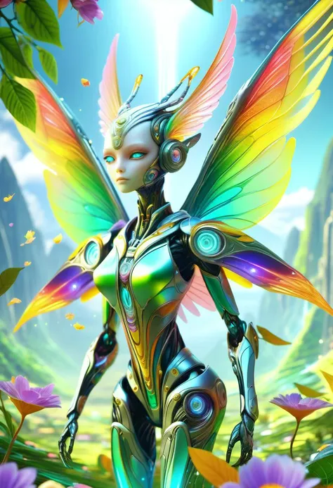 hyper detailed masterpiece, dynamic,awesome quality,DonMX3n0T3chXL, glaukos, tiny humanoid creature with wings, delicate graceful appearance, transparent opalescent iridescent wings, pointed ears, colorful ethereal clothing, nature inspired attire, made of petals and leaves, __Bo/clothings/magical/unisex/accessories__, playful  , tech, futuristic <lora:DonMX3n0T3chXL-000006:0.8>