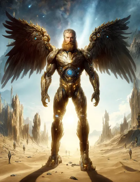 masterpiece, awesome quality, hyper detailed, DonMX3n0T3ch, futuristic, scifi, tech, a woven cryptic sand coiled Knucker, beard, variable segmented legs, full beard pair of elemental wings, <lora:DonMX3n0T3ch:0.8>