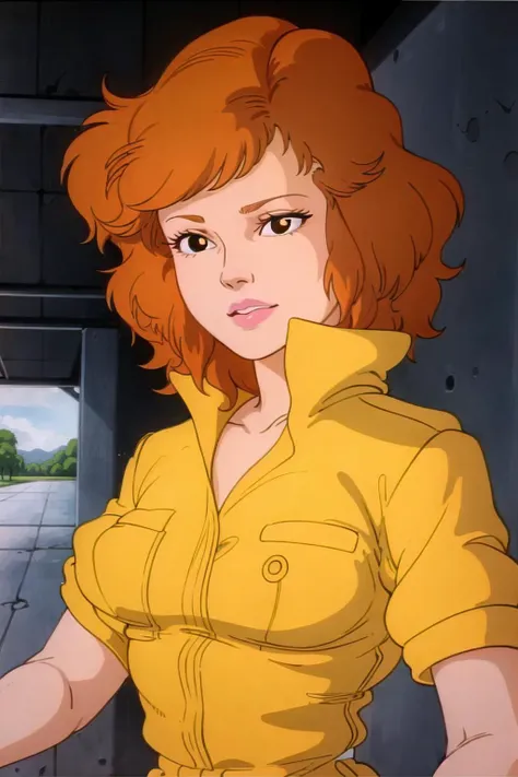 april o'neil, 1980s \(style\), 1girl, brown hair, orange hair, retro artstyle, short hair, solo, yellow shirt <lora:aprilv1B:0.6>