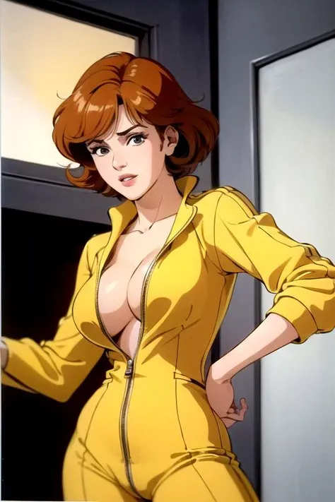 cowboy shot, april o'neil, 1980s \(style\), 1girl, brown hair, orange hair, retro artstyle, short hair, solo, yellow jumper suit, jumper suit on hips, (naked_breasts:1.2), medium_breasts, cleavage
<lora:estheticAprilOneil1987_aprilv1b:0.4>