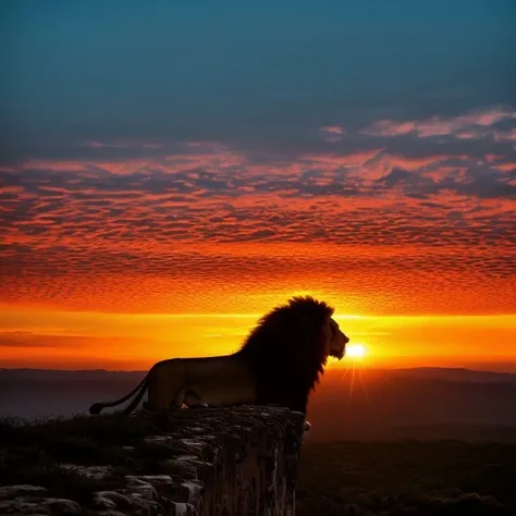 (majestic silhouette of a huge lion on a cliff:1.3), (vibrant colors, 8k, high quality, shot on Fujifilm X-T4, 1/200, f16, ISO 1250), <lora:epiCRealismHelper:0.99>, <lora:add_detail:0.8>, <lora:Sunsets:0.7> suns3t, sunset, orange sun, sun rays, cloudy sky, sun setting over the prairies