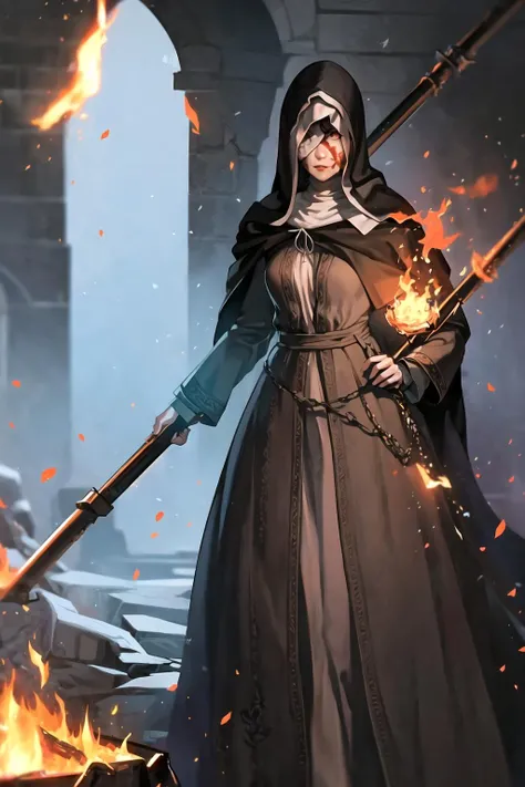 solo, detailed, action-packed, burn on face, standing, fire, ice, SISTER_FRIEDE, <lora:Sister_Friede:0.8>