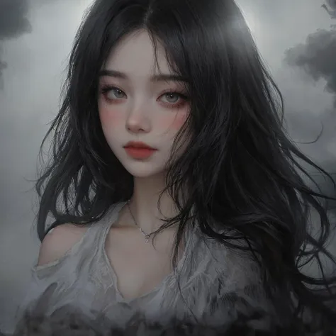 best quality, masterpiece, sunlight passing through hair, 1girl, fantasy, <lora:eGirlMakeup:0.7> EGirlMakeup, short dark black hair, (fog:1.3)