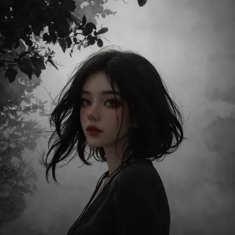 best quality, masterpiece, sunlight passing through hair, 1girl, fantasy, <lora:eGirlMakeup:0.7> EGirlMakeup, short dark black hair, (fog:1.3)