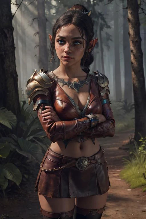 1girl, european, crossed arms, (shy), medium breast, cleavage, (freckles), perfect skin
elf, black hair, glowing blue eyes, braided ponytail, circlet,
red leather outfit,( (metal) shoulder pads:1.3), perfect armor, metal stockings,
(orange leather short skirt:1.3)
(full body:1.1), (looking at camera:1.2),
forest camp background, dungeon and dragons,
(masterpiece:1.2) (best quality:1.2) (detailed) (intricate) (8k) (HDR) (cinematic lighting)
<lora:ShadowHeart:0.8>