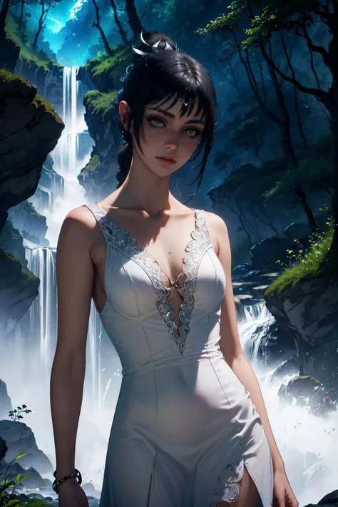 (masterpiece, best quality), 1girl, shadowheart, black hair, braided ponytail, ((erotic white dress)), circlet, (((close distance))), ((green eyes)), (((night))), ((fantasy dark forest landscape)), ((dark light)), ((night lightning)), ((waterfall on background)), <lora:ShadowHeart:0.8>