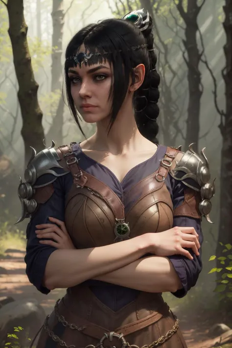 nice hands, perfect hands, <lyco:GoodHands-beta2:1>, masterpiece, best quality, 1girl, shadowheart, black hair, braided ponytail, green eyes, circlet, crossed arms, emotionless, looking at viewer, forest, blurry background <lora:ShadowHeart:1>,